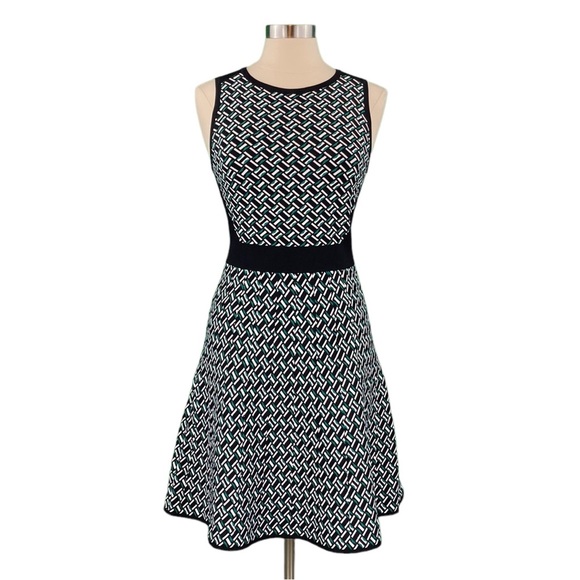 White House Black Market Dresses & Skirts - WHBM Black and Green Geometric Print Sleeveless Knit Fit & Flare Dress